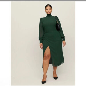 Reformation Aude Long Sleeve Midi Dress Mock Neck in Forest Green Sz 20 Festive